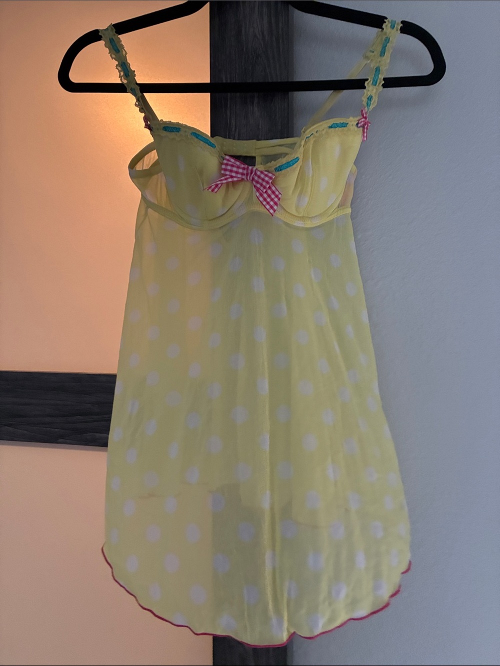 Victoria's Secret Sexy Little Things Yellow Polka Dot Chemise with Pink Bow 34B